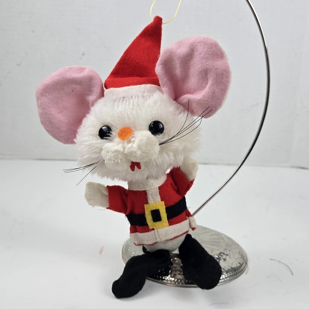 Vtg 7" Plush Santa Mouse in Felt Santa Suit Christmas Ornament or Shelf‎ Sitter